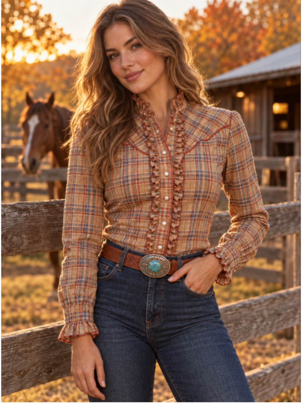 Vintage Kenny Rogers Women’s 11/12 Plaid Ruffle Pearl Snap Western Shirt